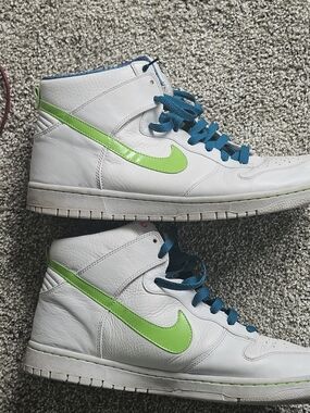Nike Men’s White High-Top Sneakers with Lime Green Swoosh and Teal Laces